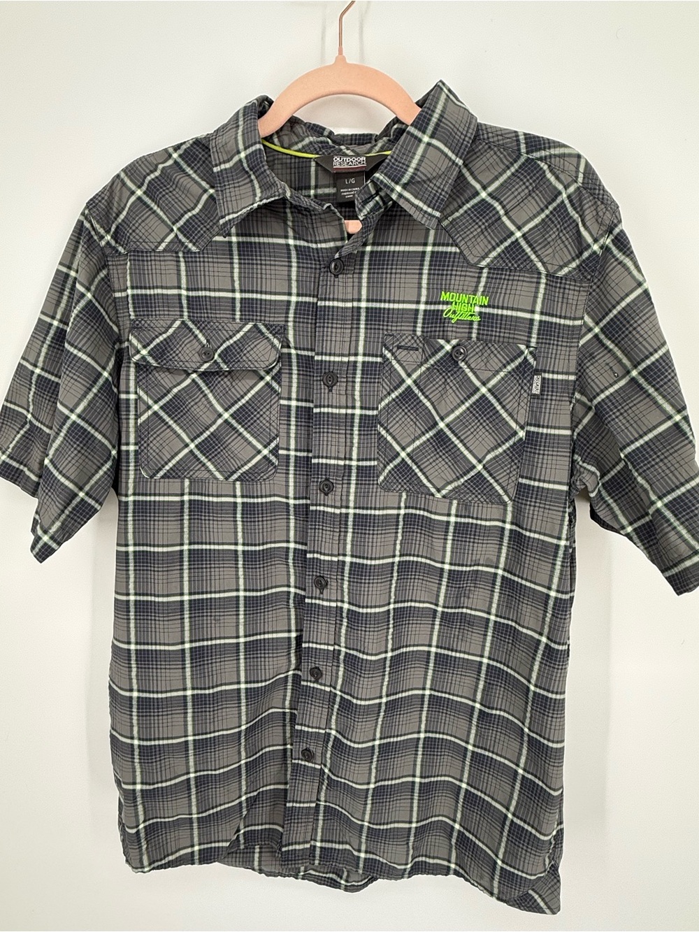 Outdoor Research Mountain High Outfitter Men Gray Lime Short Sleeve Shirt Large